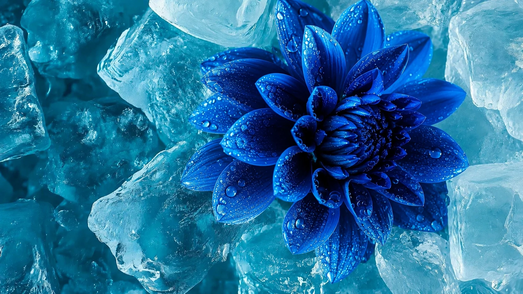 Blue dahlia among crystalline Arctic ice