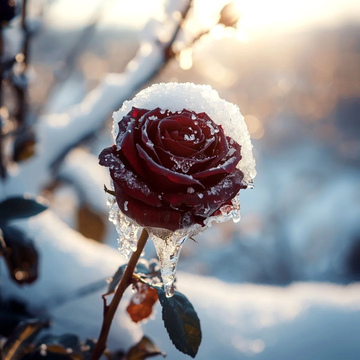 Crimson flowers beneath frost