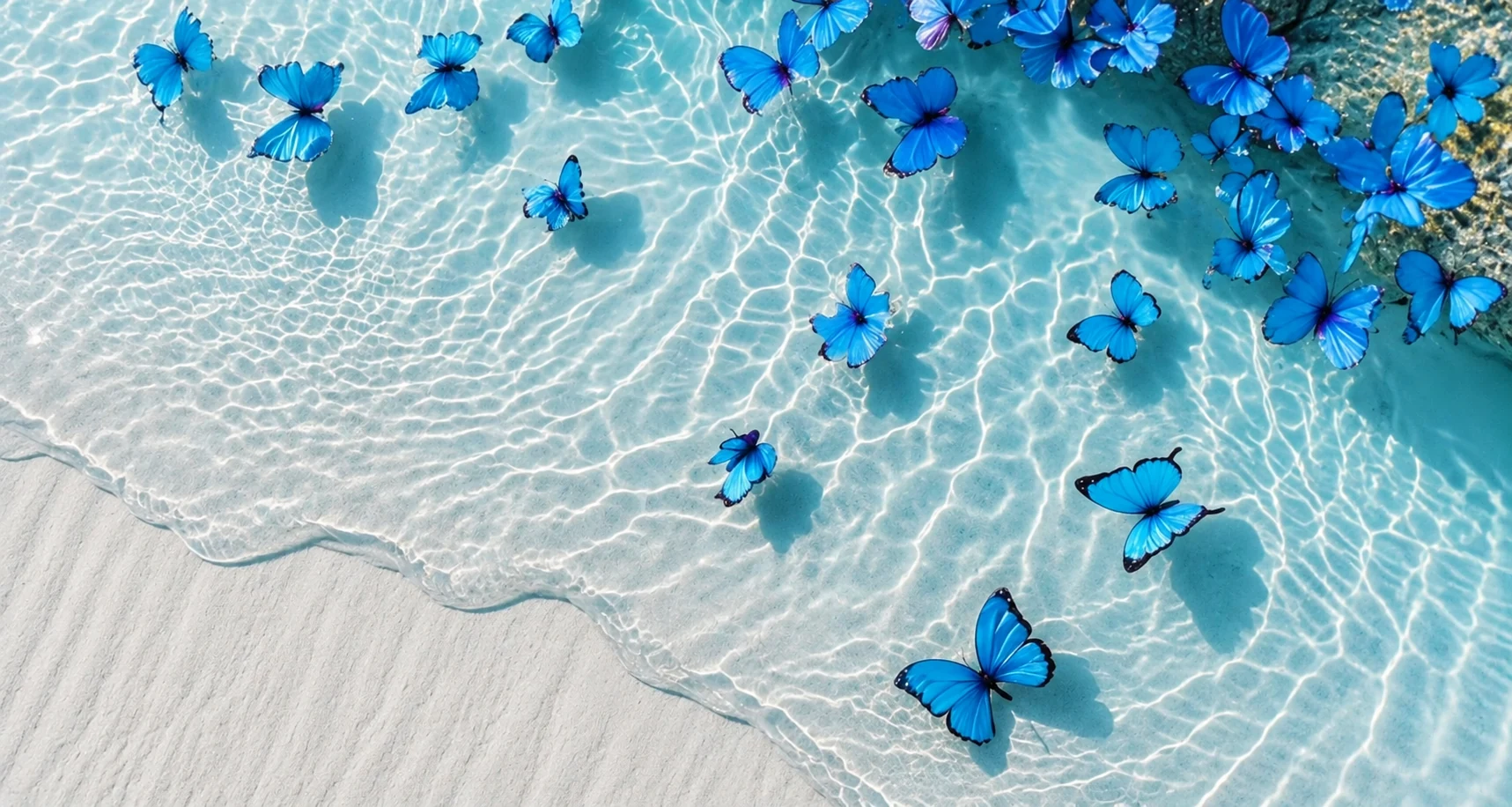 Blue butterflies resting over rippling water