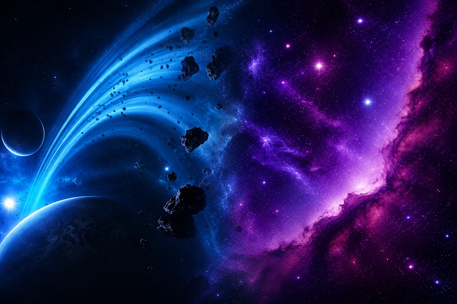 Blue and violet cosmic forces meeting across space