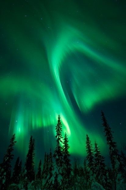Green aurora light flowing through a dark night sky
