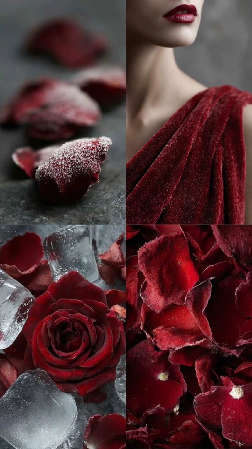Crimson fabric, frost and flowers in the Bloom Beneath Ice concept