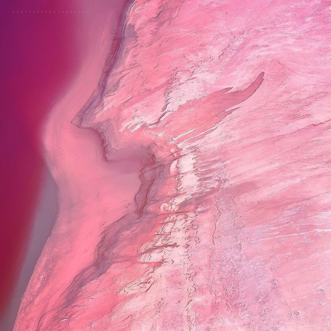 Aerial view of Hutt Lagoon's pink water
