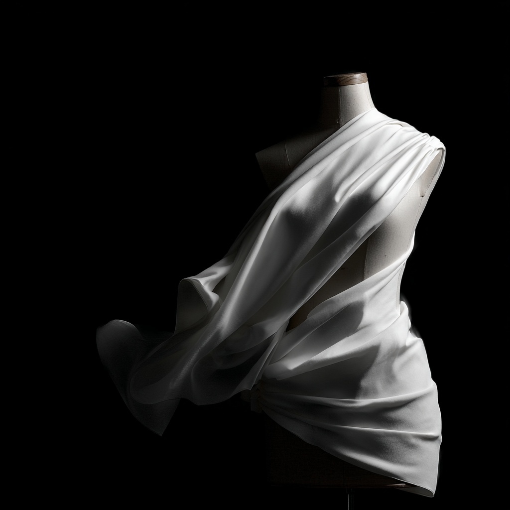 White fabric draped over a dress form against a black background