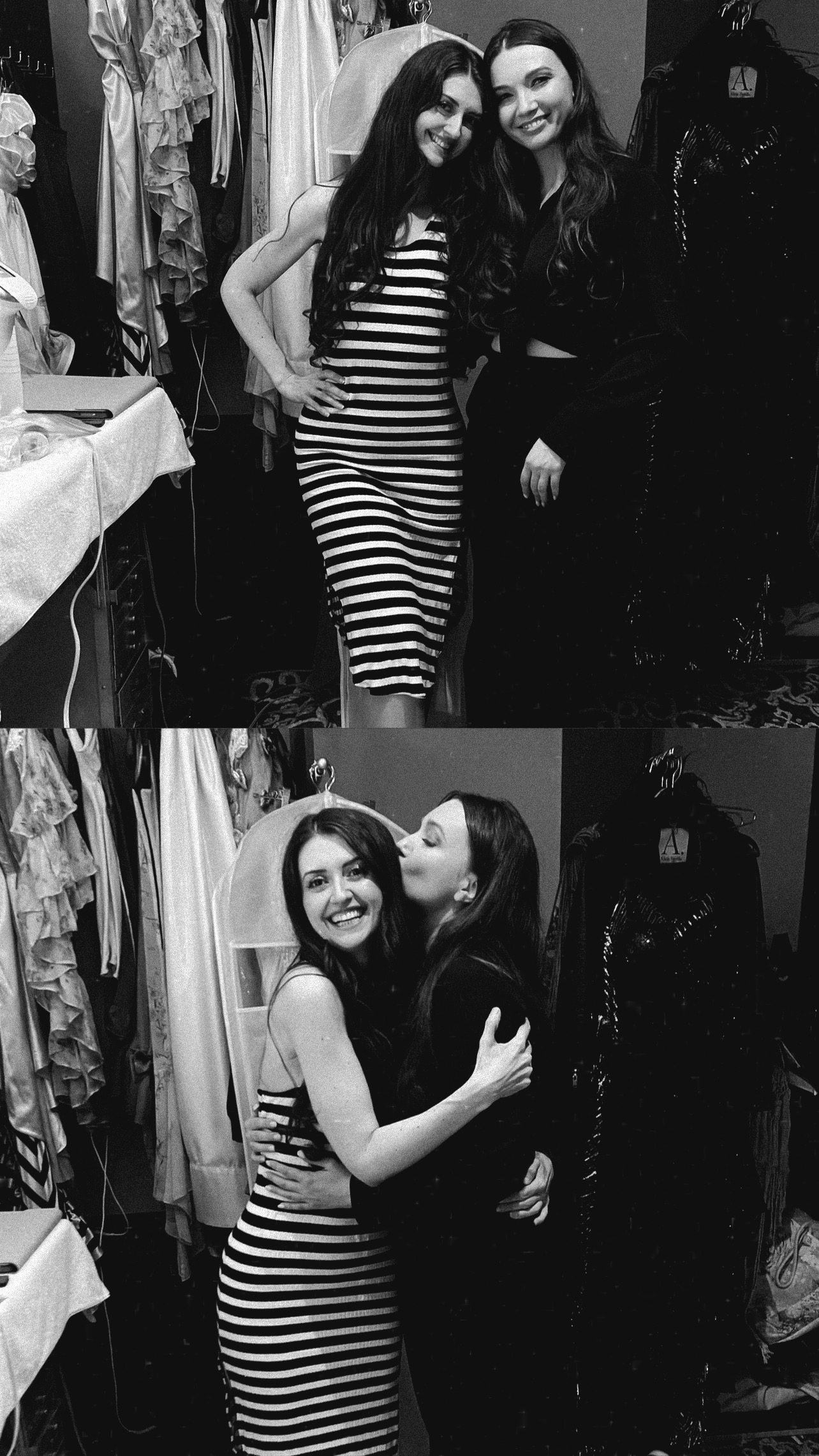 Two women embracing in a dress studio in a two-photo collage