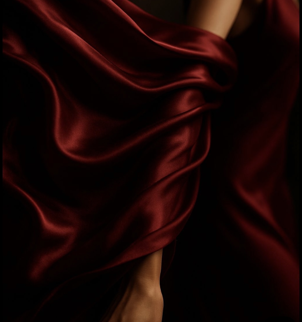 Deep burgundy satin wrapped around a dancer's leg